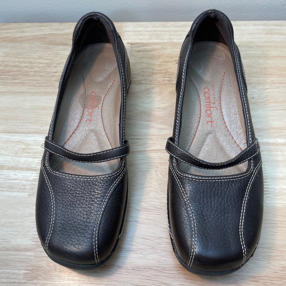 Strictly Comfort Womens 6.5M Brown Leather Mary Jane‎ Flats Square Toe 028-2037